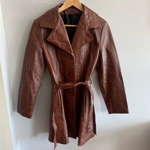 Vintage Brown Leather Belted Coat Fitted Y2K Long Jacket
